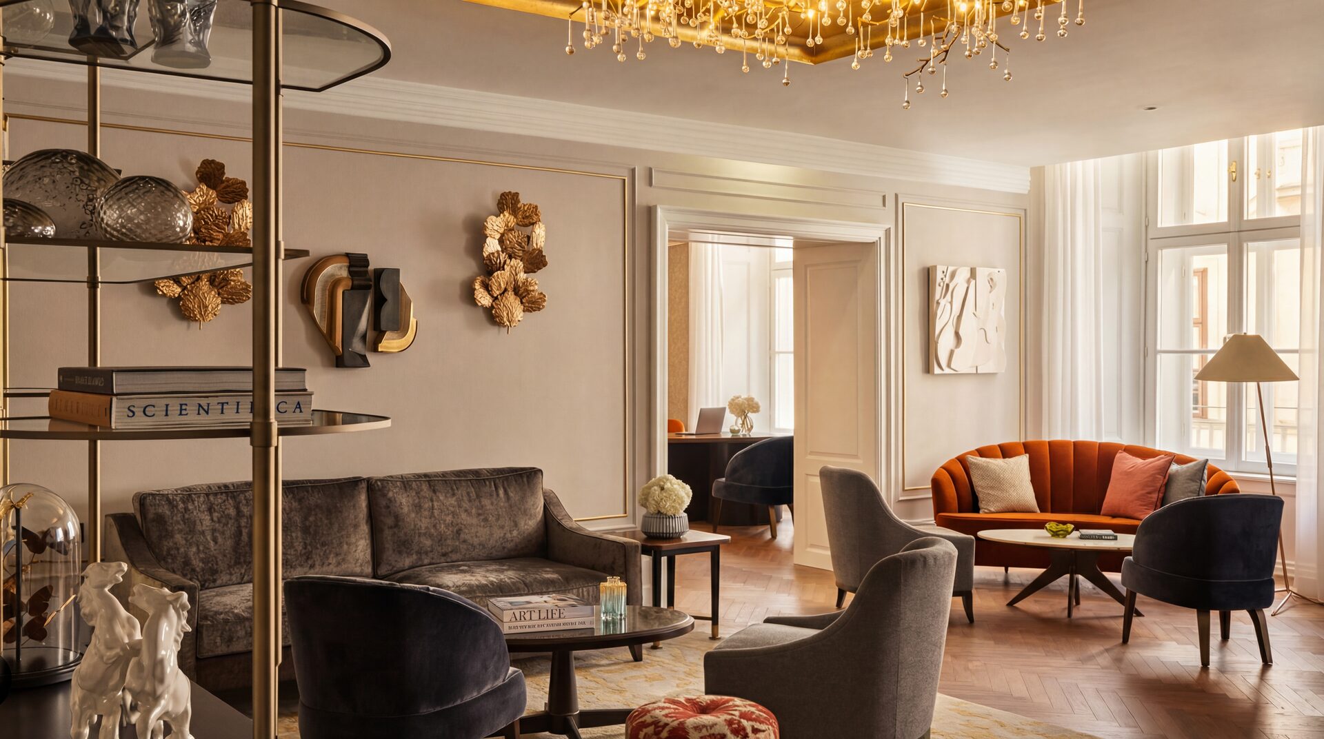 A salon at Rosewood, velvet and brass under a chandelier